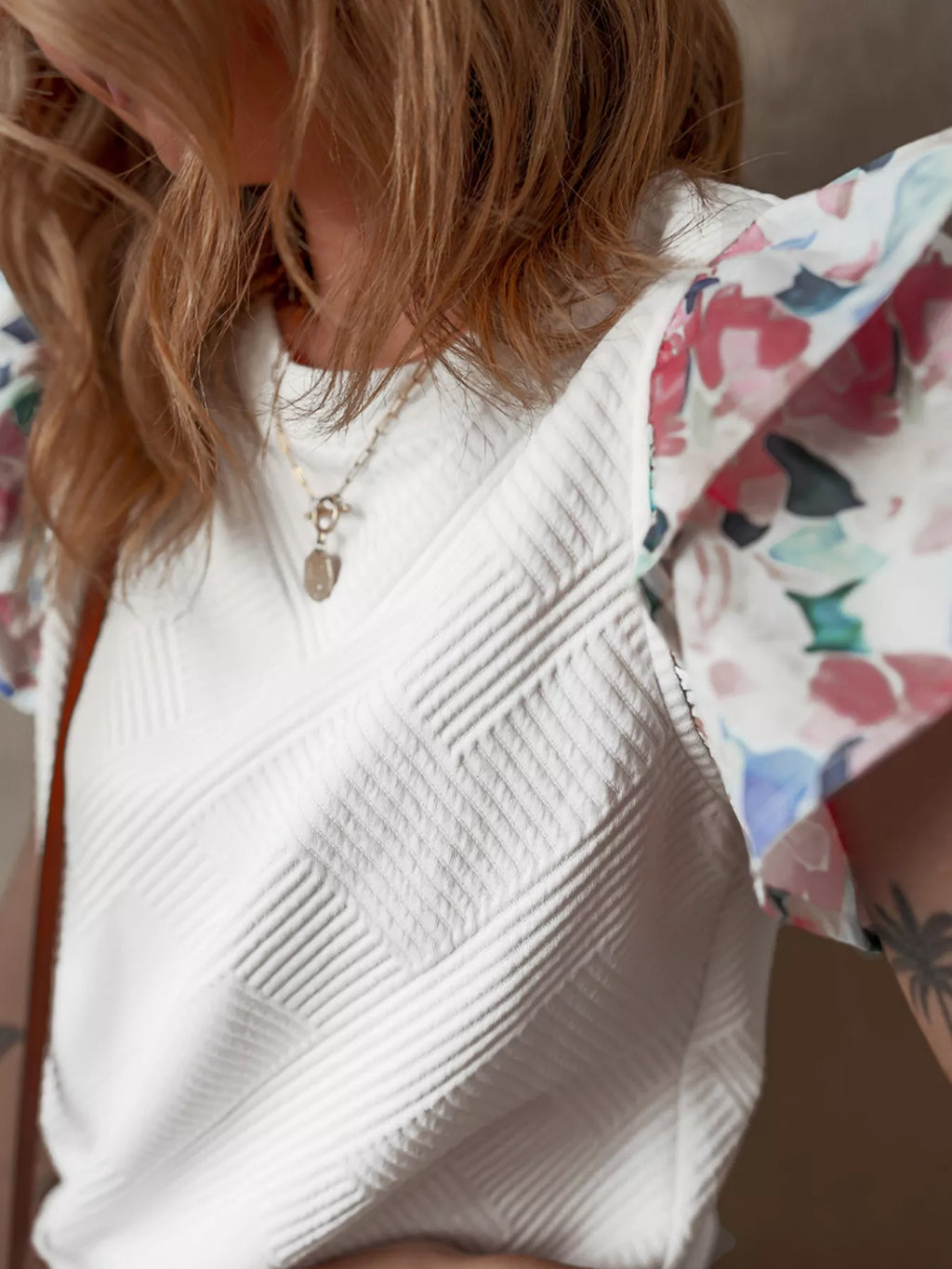 Abstract Print Tiered Ruffled Sleeve Textured Knit Top