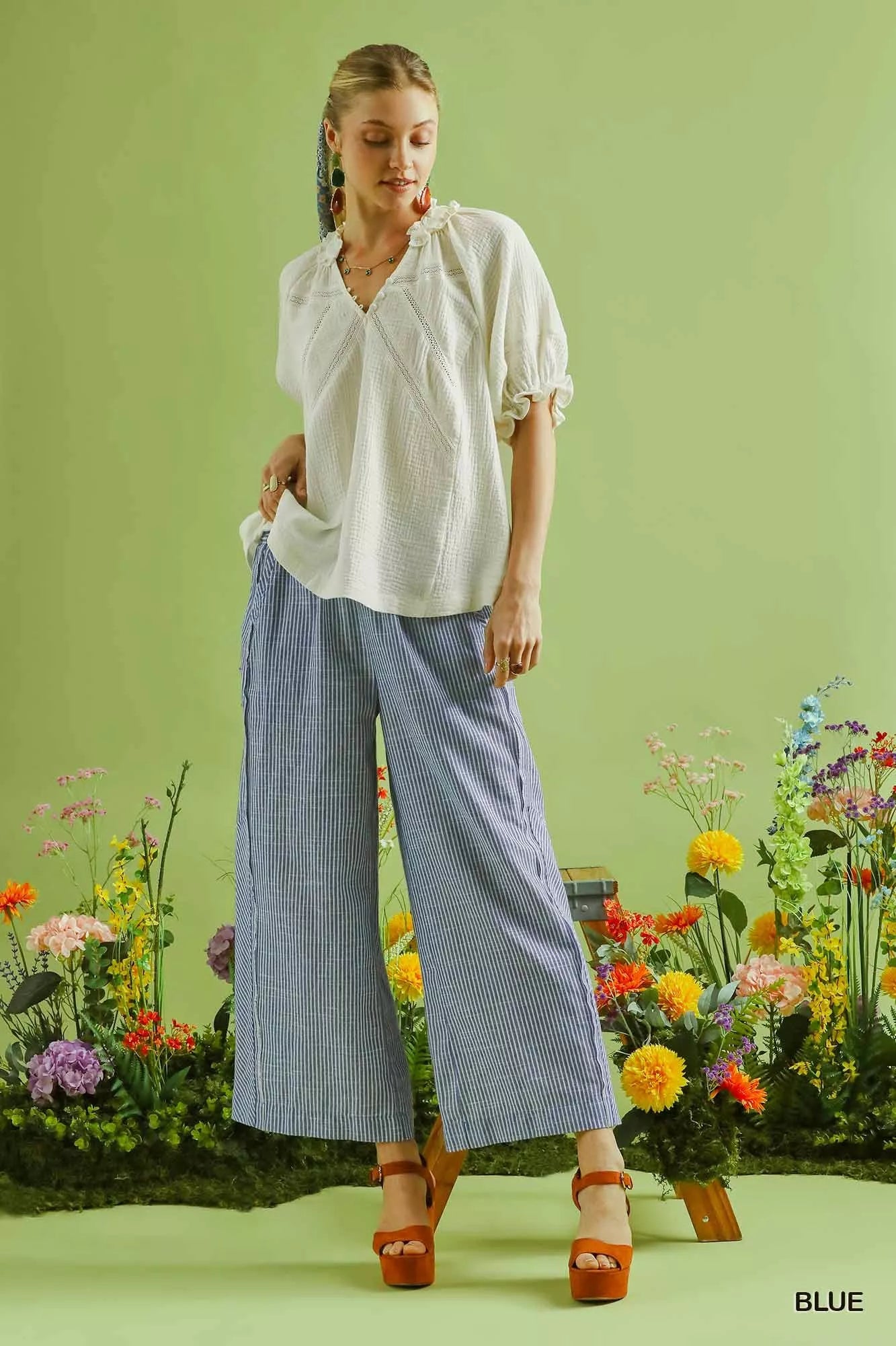 Umgee Linen Blend Striped Wide Leg Pants