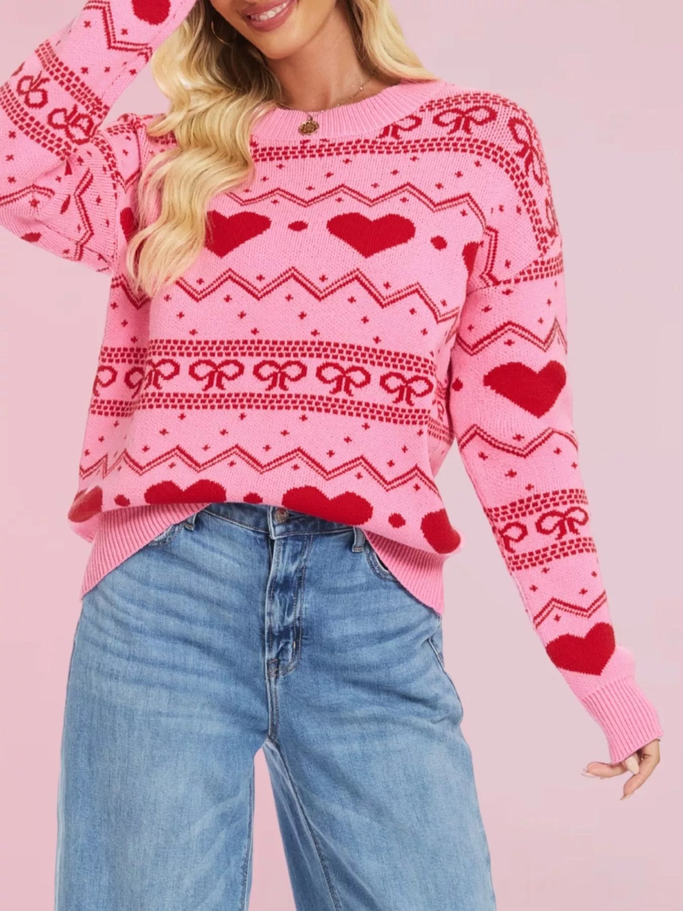Heart & Bow Pattern Round Neck Sweater