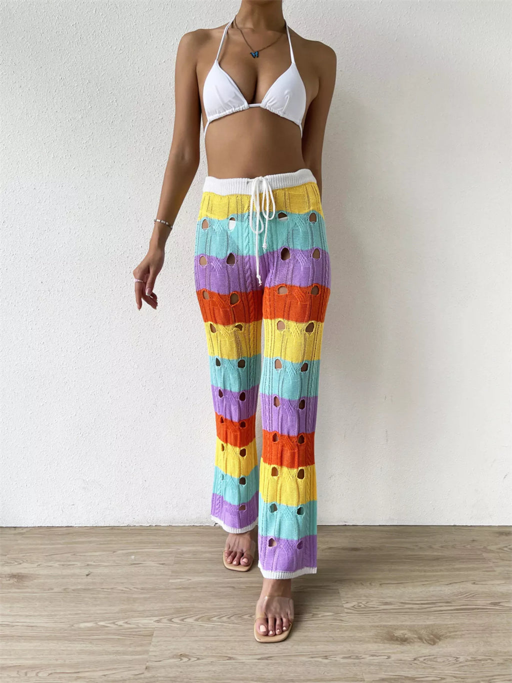 Striped Crochet Hollow-Out Knit Pants