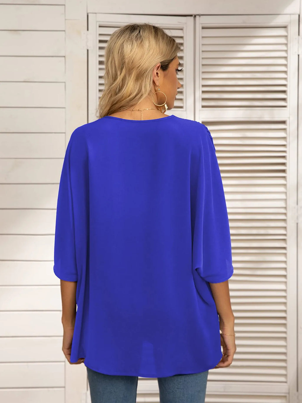 Printed Trim V-Neck Batwing Sleeve Blouse
