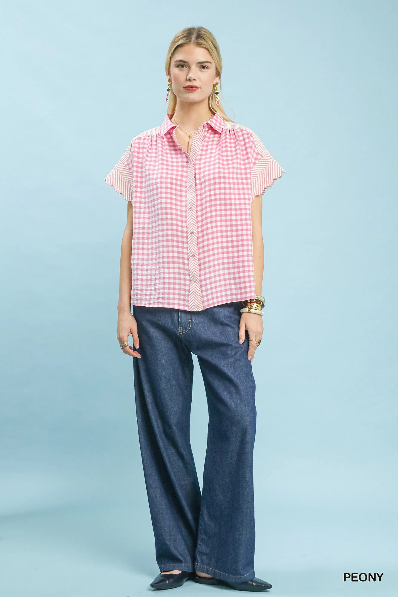 Umgee Mixed Gingham Short Sleeve Shirt