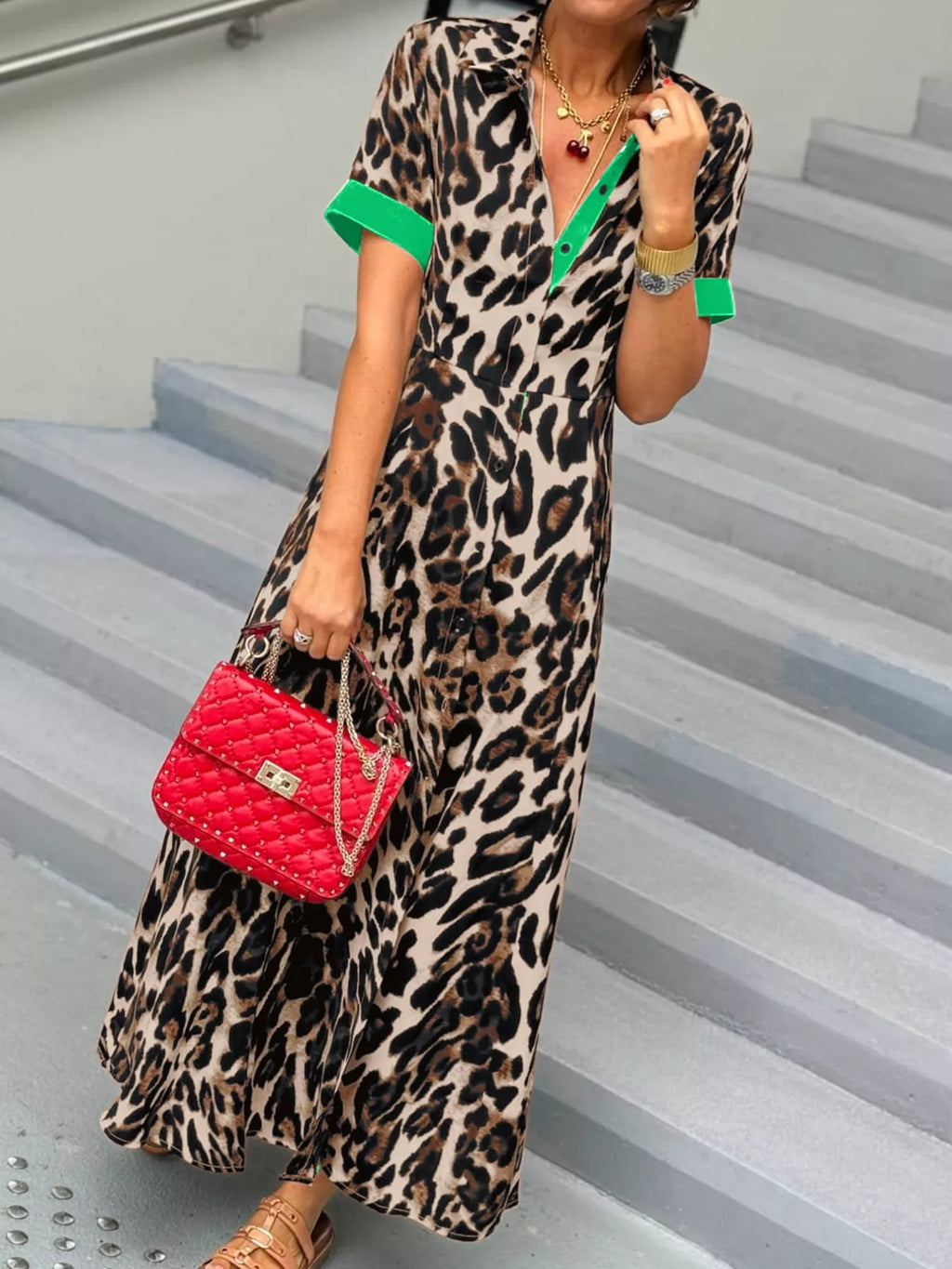 Leopard Print Button-Down Dress with Contrast Trim