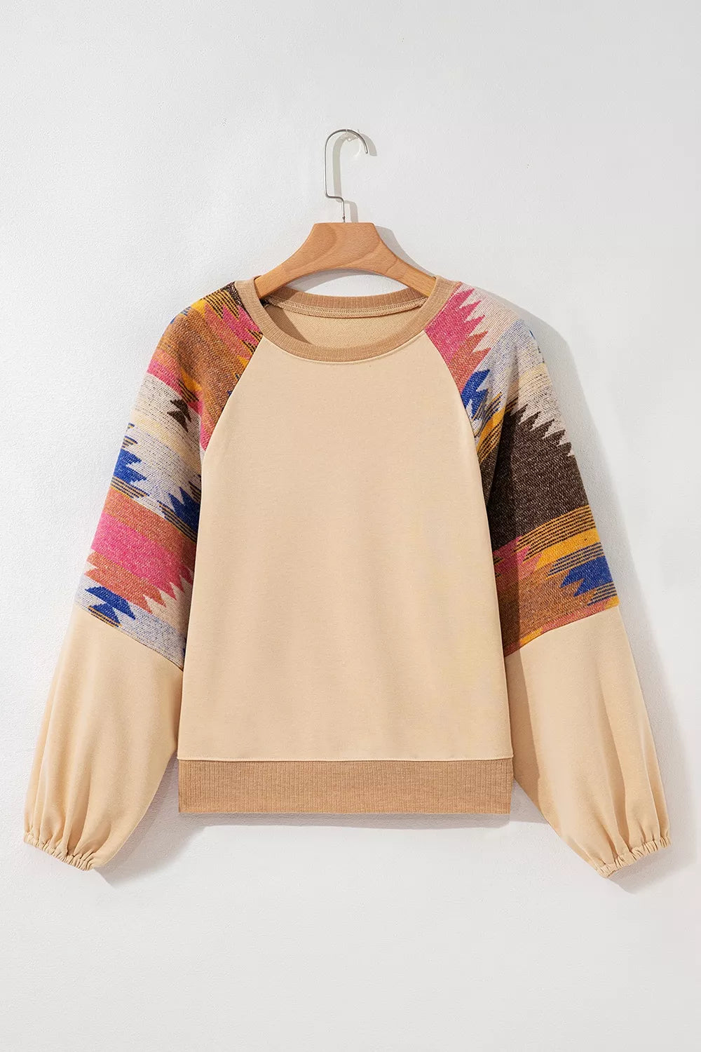 Sequined Rodeo Graphic Aztec Bubble Sleeve Patchwork Western Sweatshirt