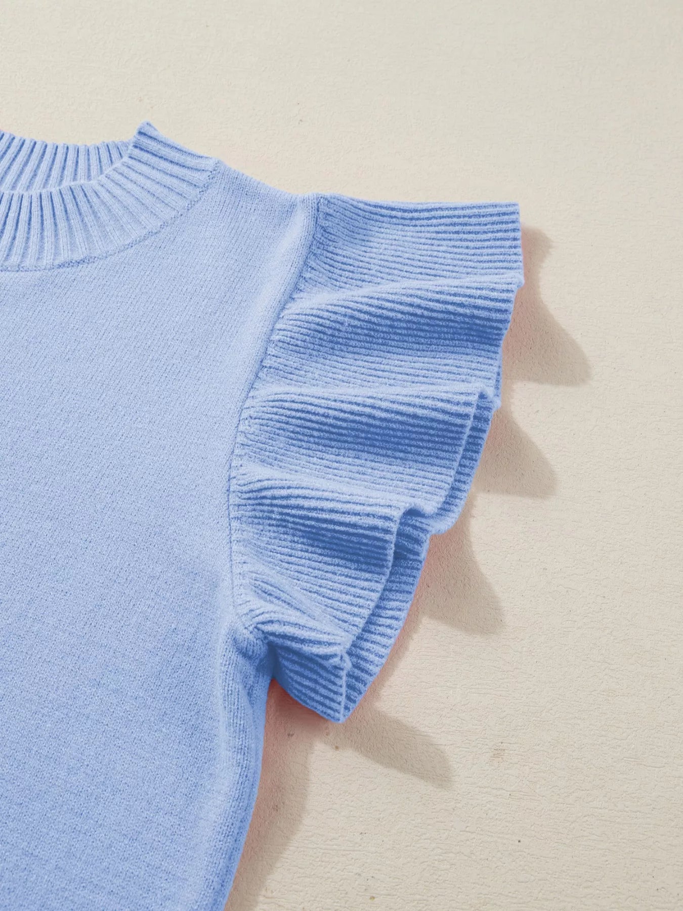 Solid Color Ribbed Trim Round Neck Ruffle Short Sleeve Sweater