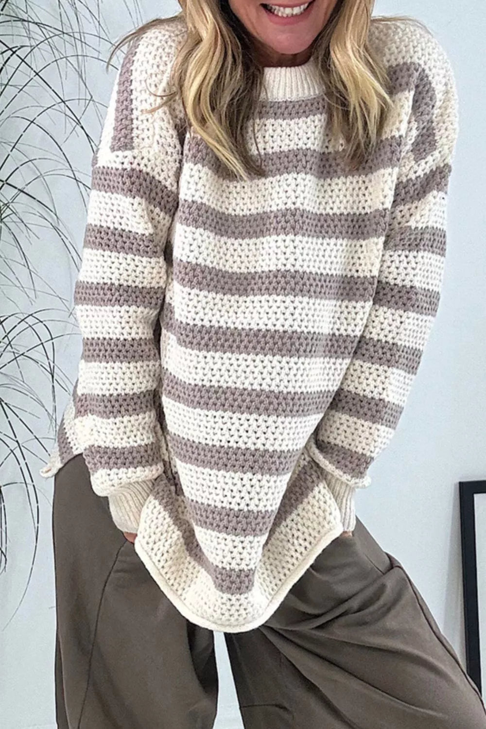 Striped Knit Dropped Shoulder Sweater