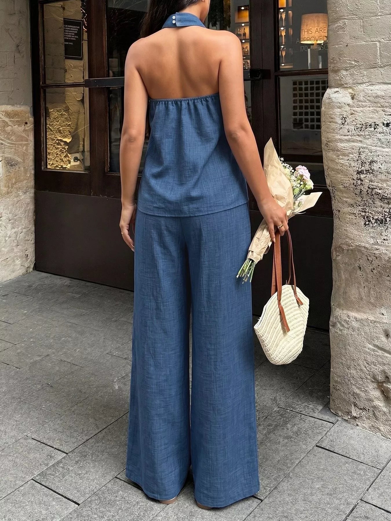 Halter Neck Top and Wide-Leg Pants Set