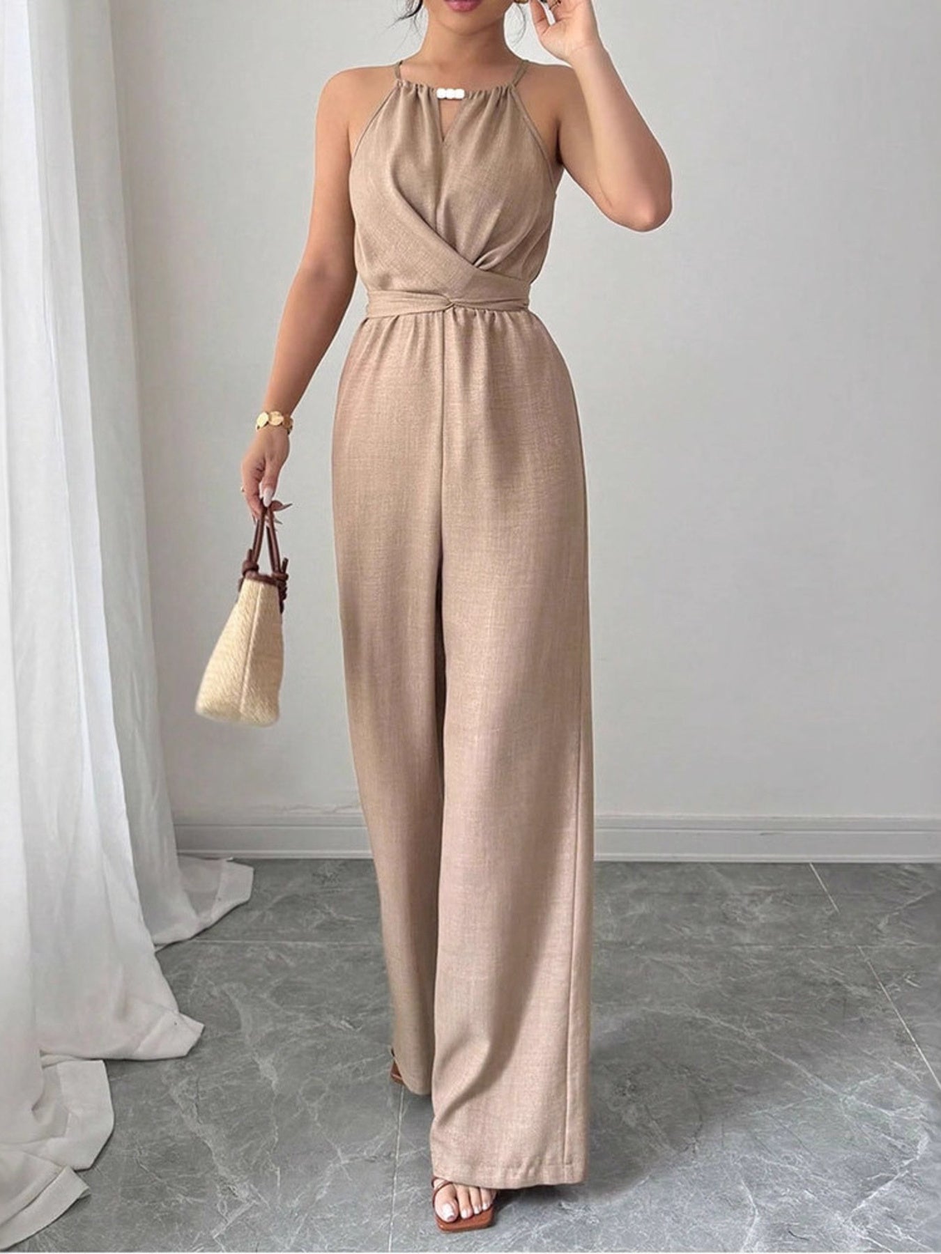 Sleeveless Tie Waist Wide Leg Jumpsuit
