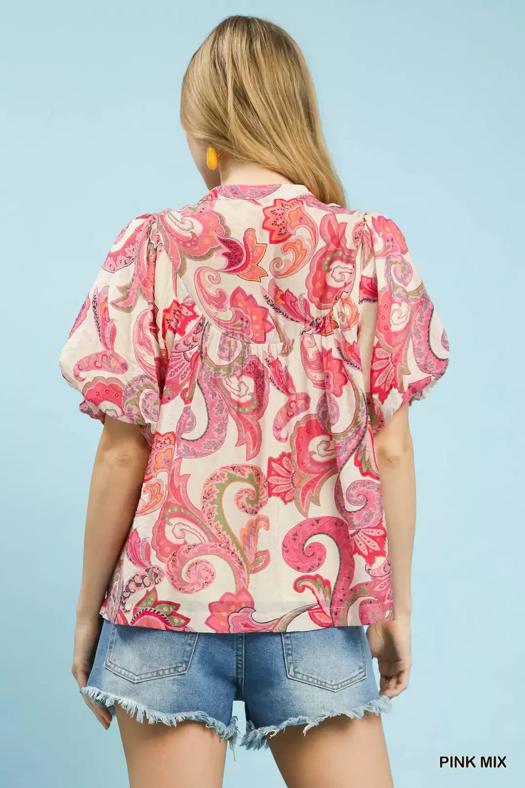 Umgee Mix Paisley Print Peasant Top with Tie Neck