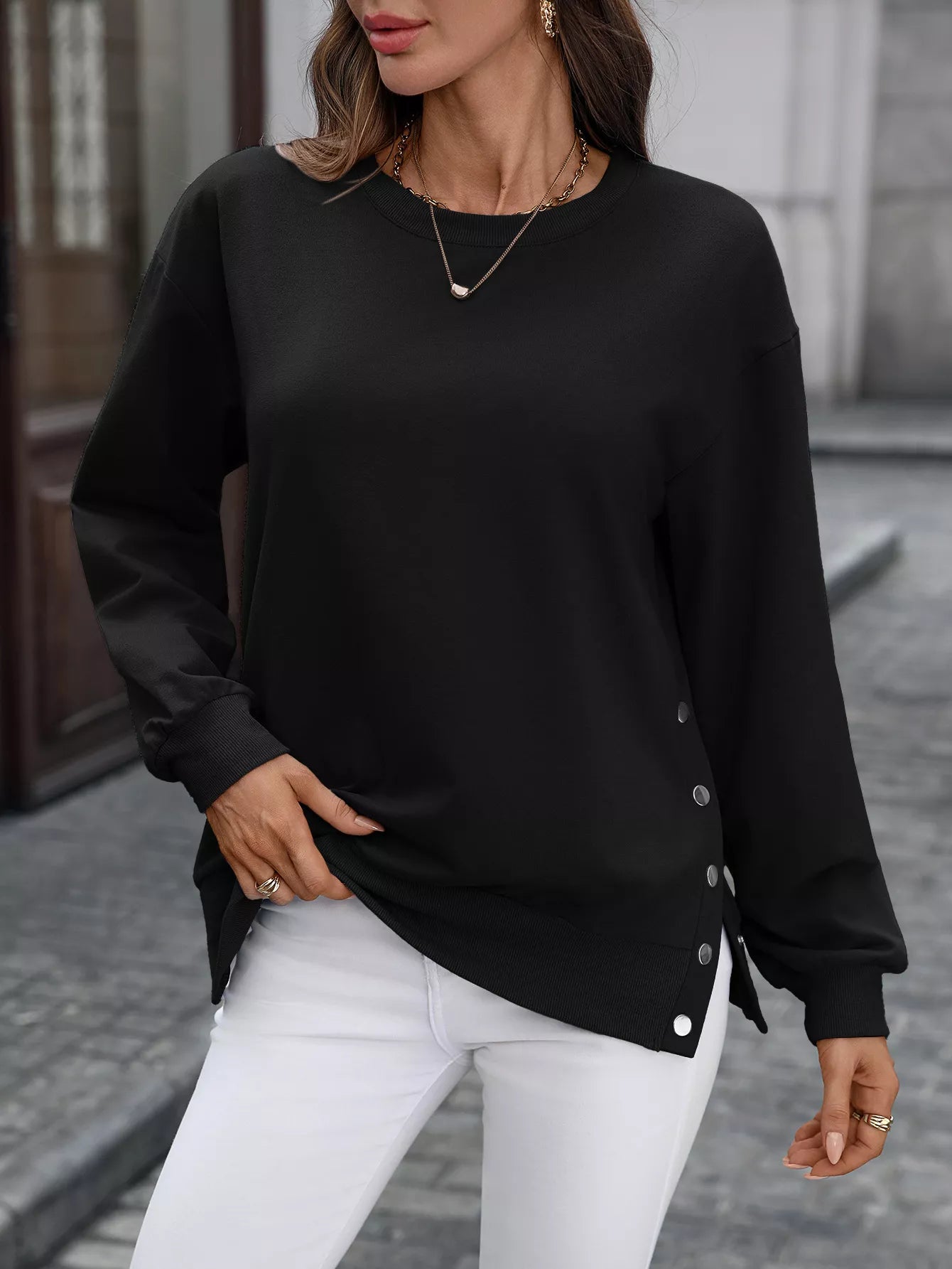 Side Snap Round Neck Sweatshirt