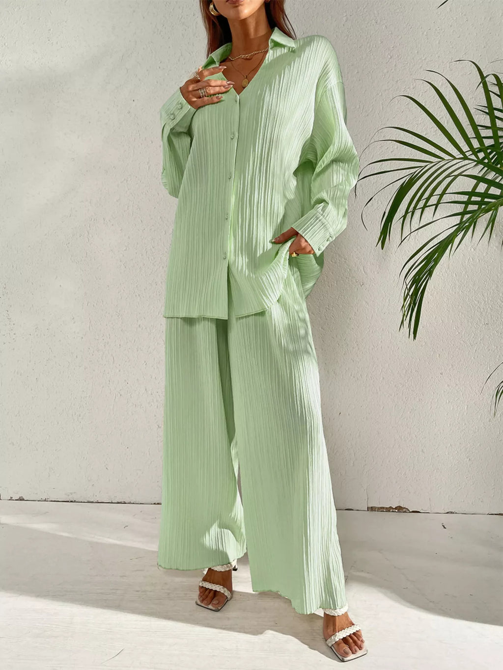 Long Sleeve Shirt & Wide Leg Pants Set
