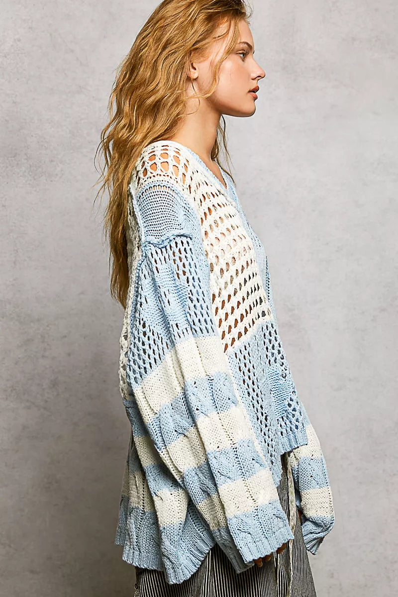 POL Color-Blocked Stripe Pattern Knit Top with Twisted Weave