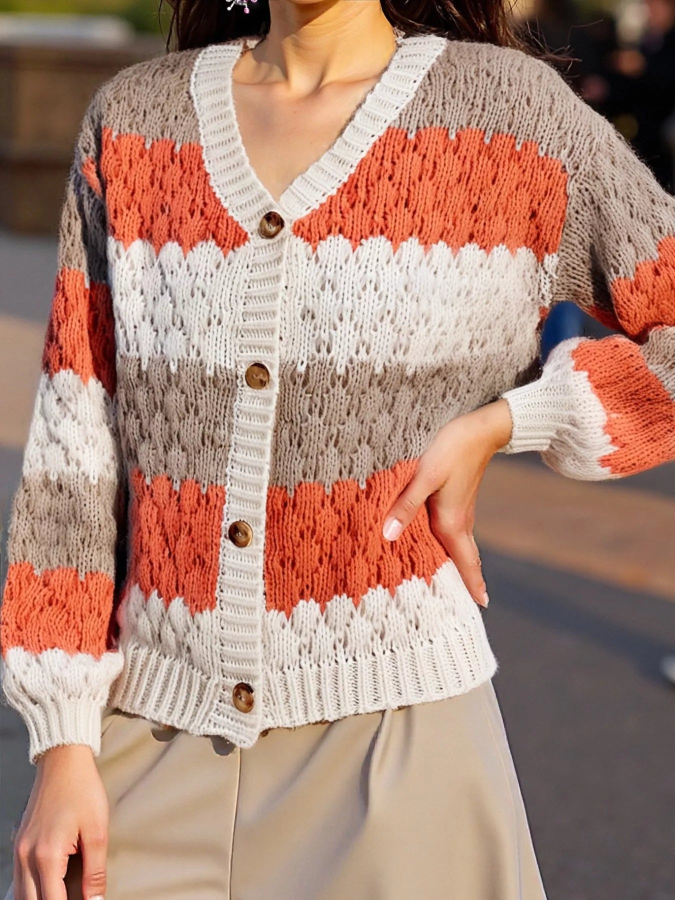 Color Block Button Up Cardigan