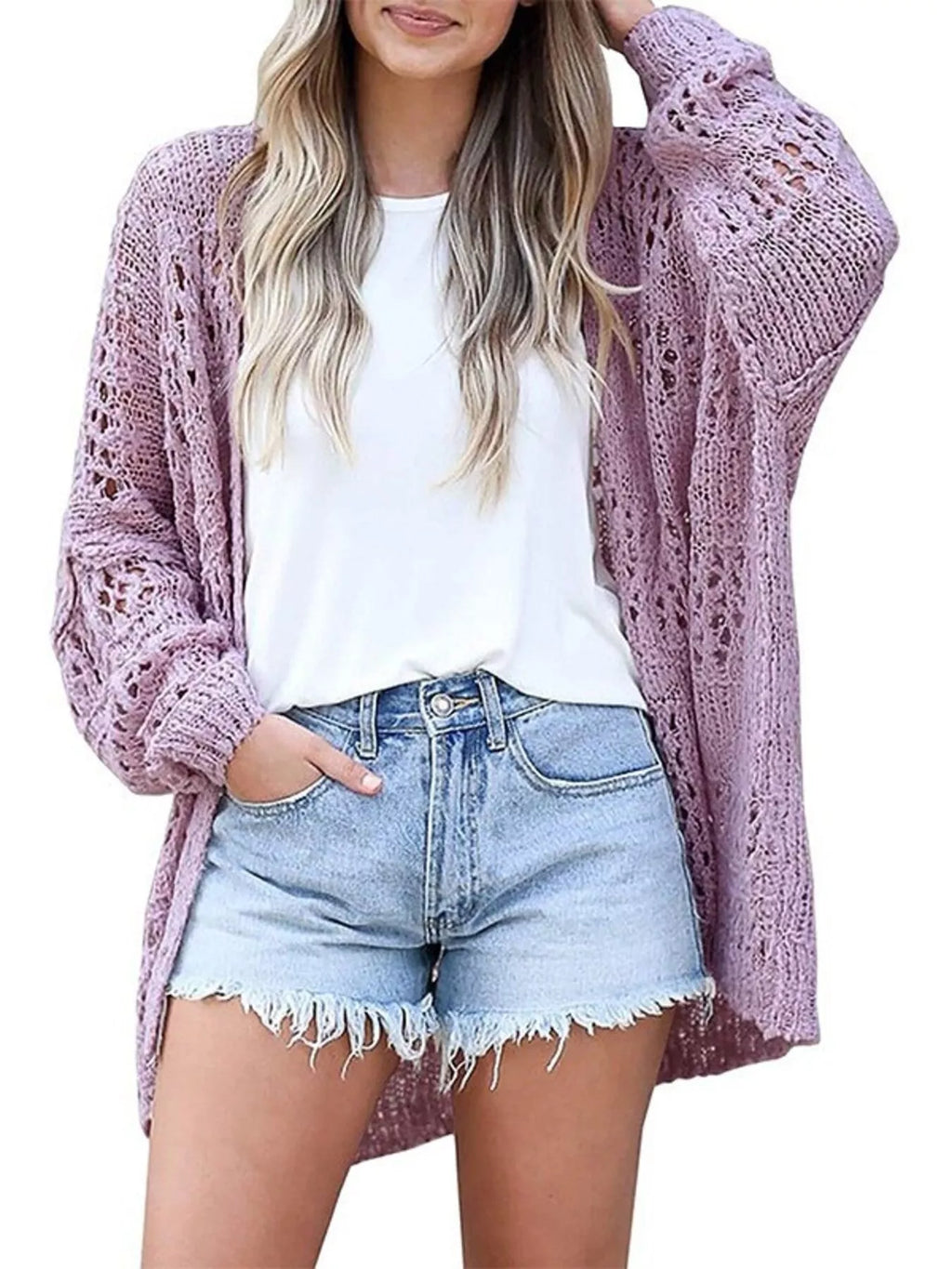 Full Size Openwork Open Front Lightweight Cardigan Plus Size