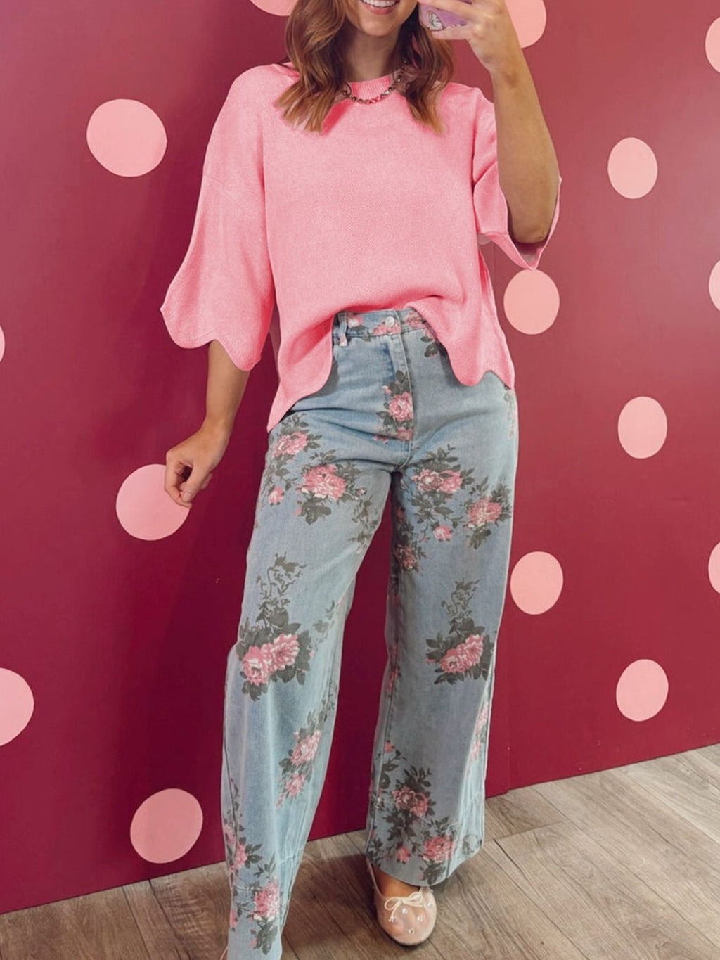 Scalloped Hem 3/4 Sleeve Sweater Top