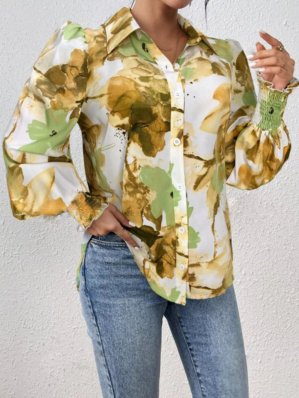 Printed Button Up Lantern Sleeve Shirt