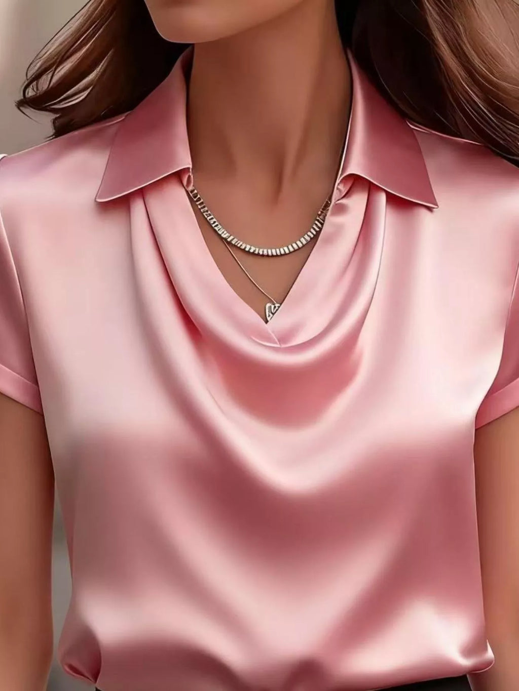 Full Size Cowl Neck Short Sleeve Satin Blouse Plus Size