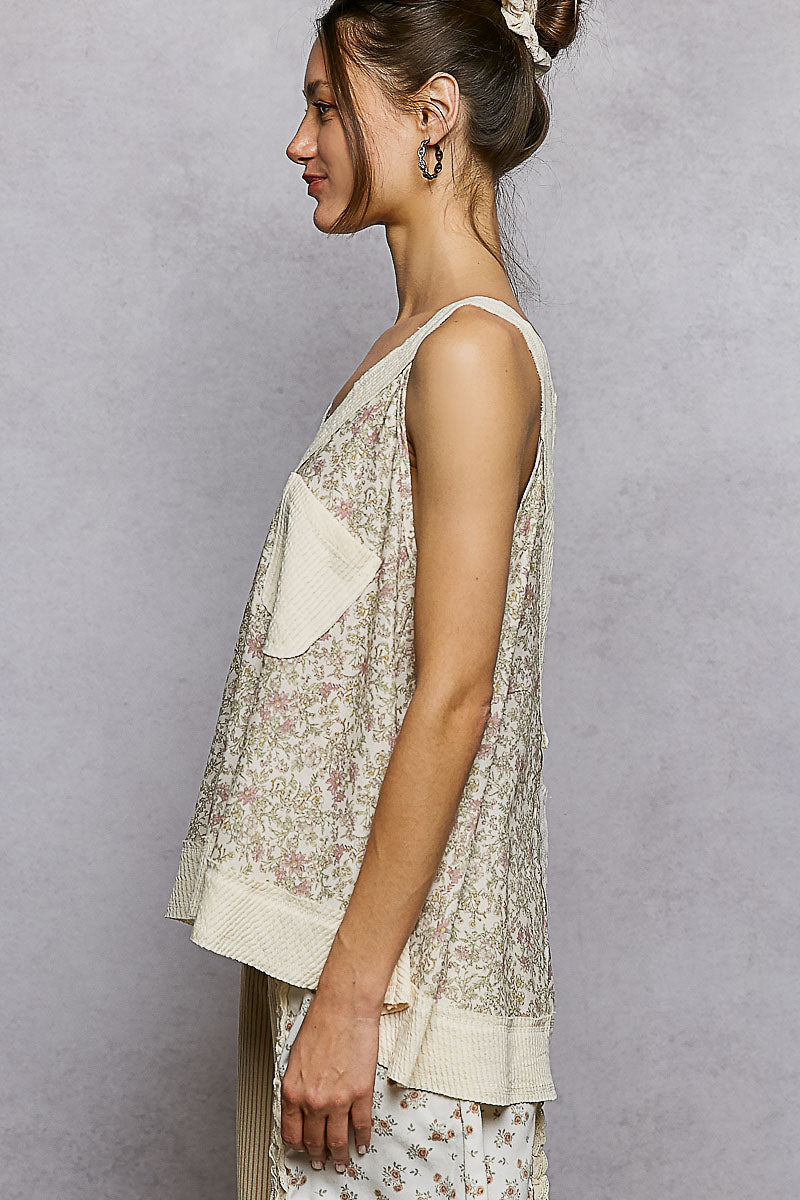 POL Floral V-Neck Tank with Front Pocket