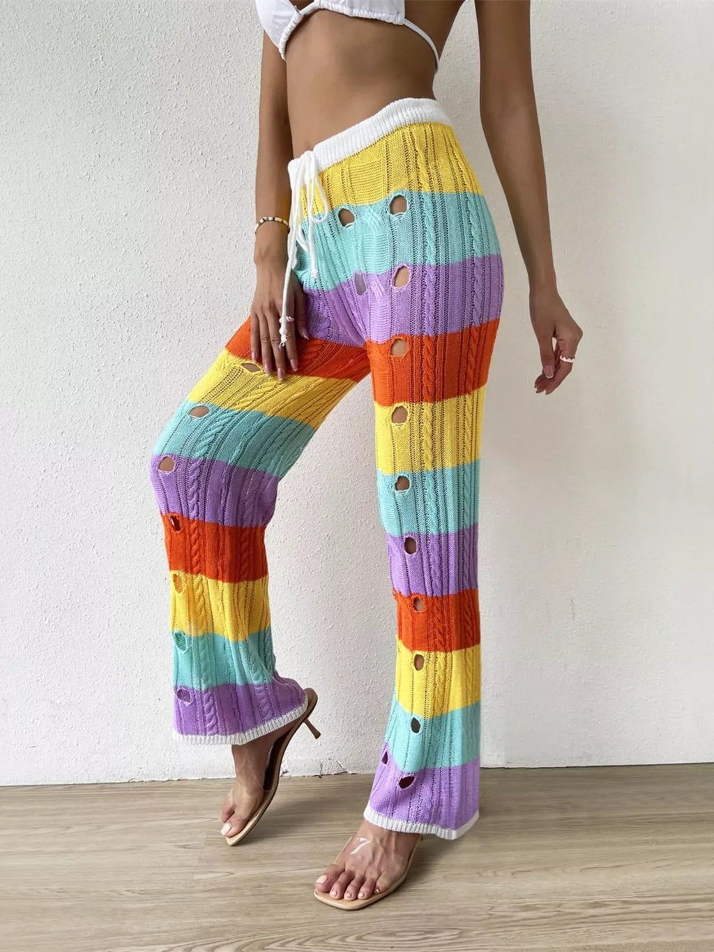 Striped Crochet Hollow-Out Knit Pants