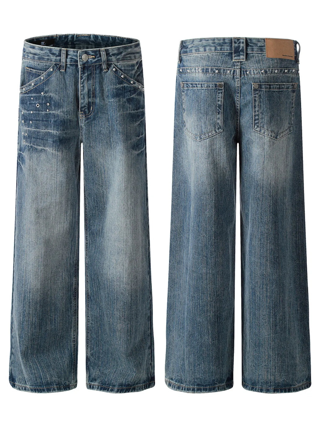 Men's Washed Straight Jeans with Studded Decor