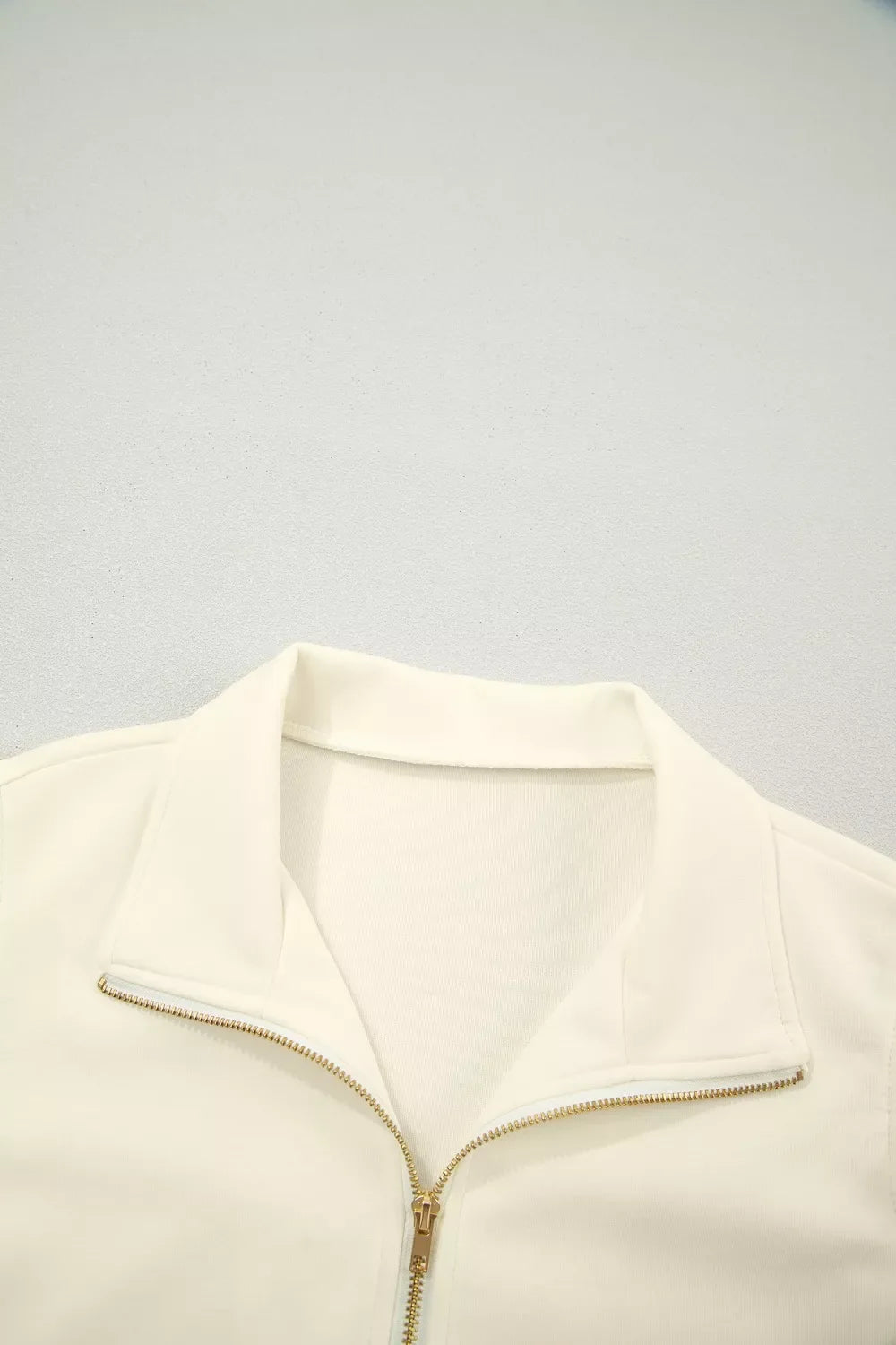 Zipped up Collared Ruffled Short Sleeve Blouse