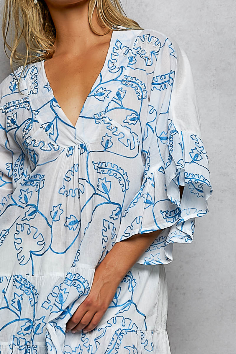 POL Tiered Ruffled Printed 3/4 Sleeve Mini Dress
