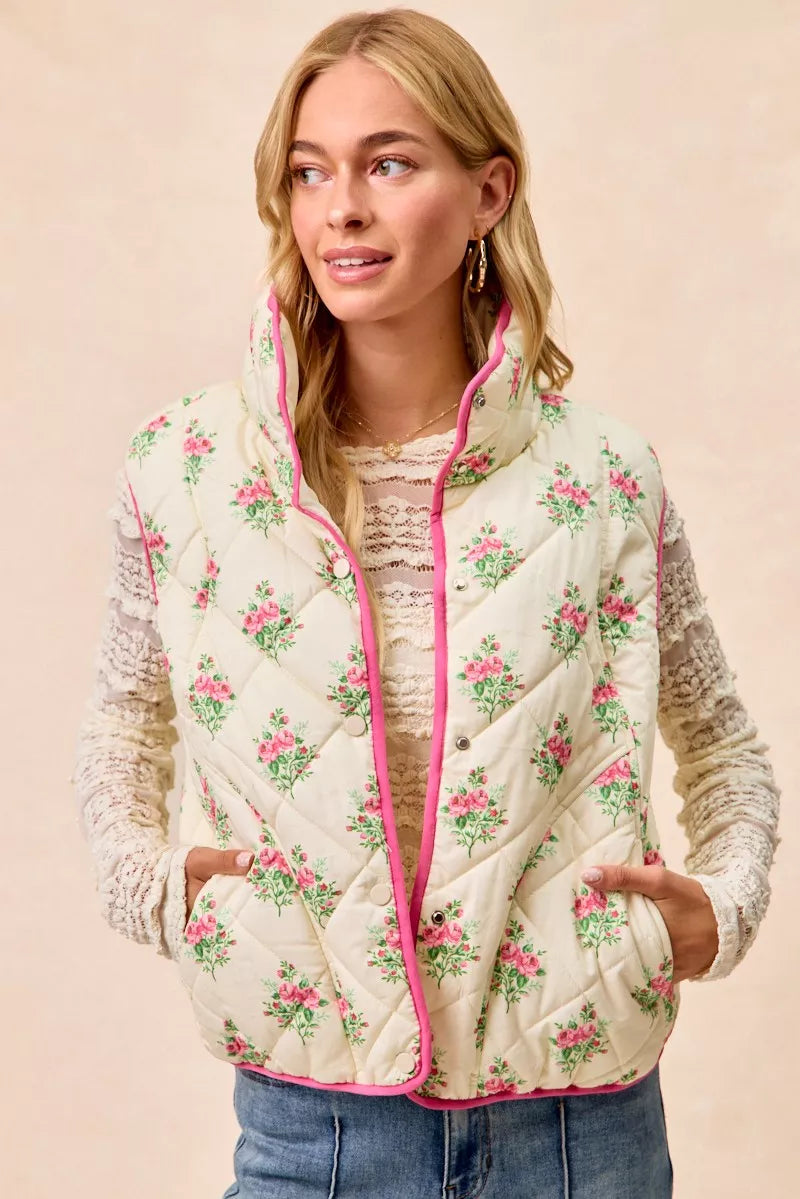 BiBi Floral Print Piping Detail Quilted Vest