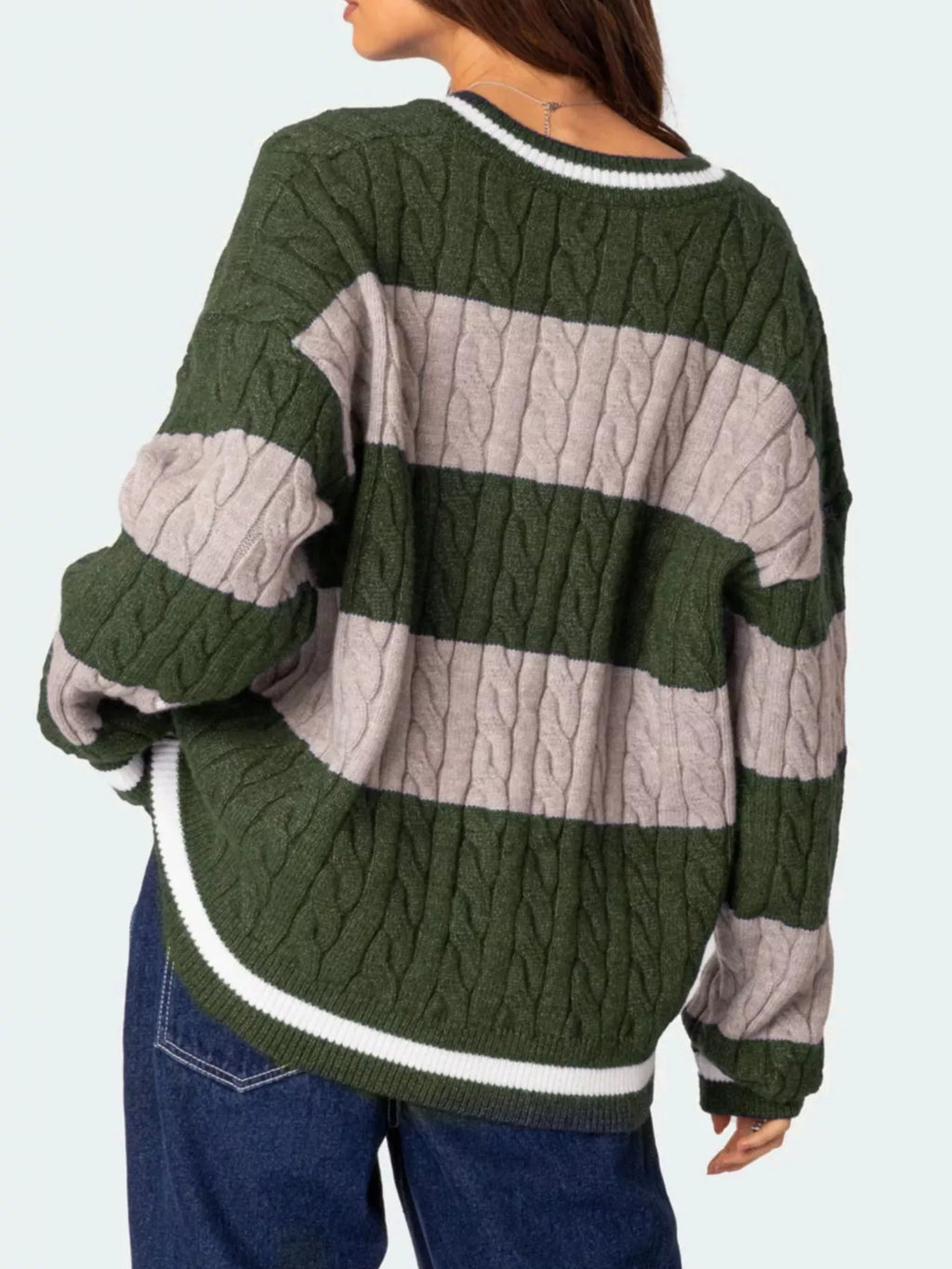 Striped Cable Knit V-Neck Sweater