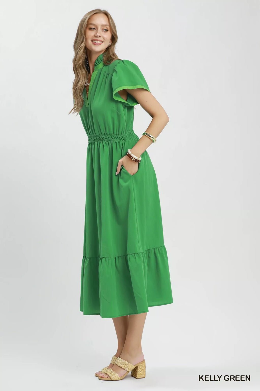 Umgee Contrast Trim Midi Dress with Tiered Ruffle Hem