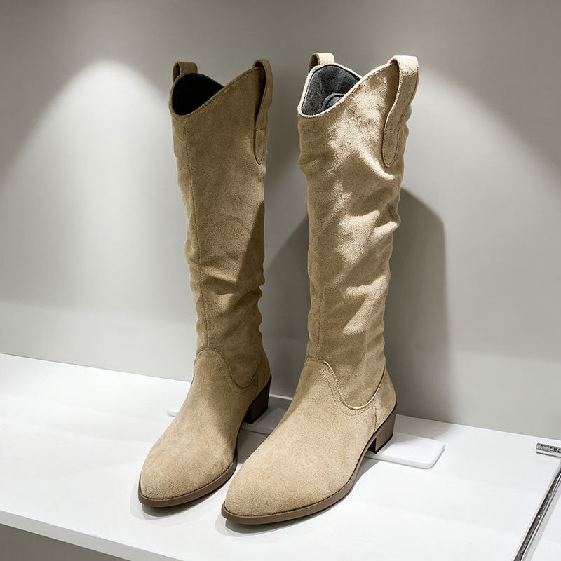 Chunky Heel Suede Riding Boots High Top Women