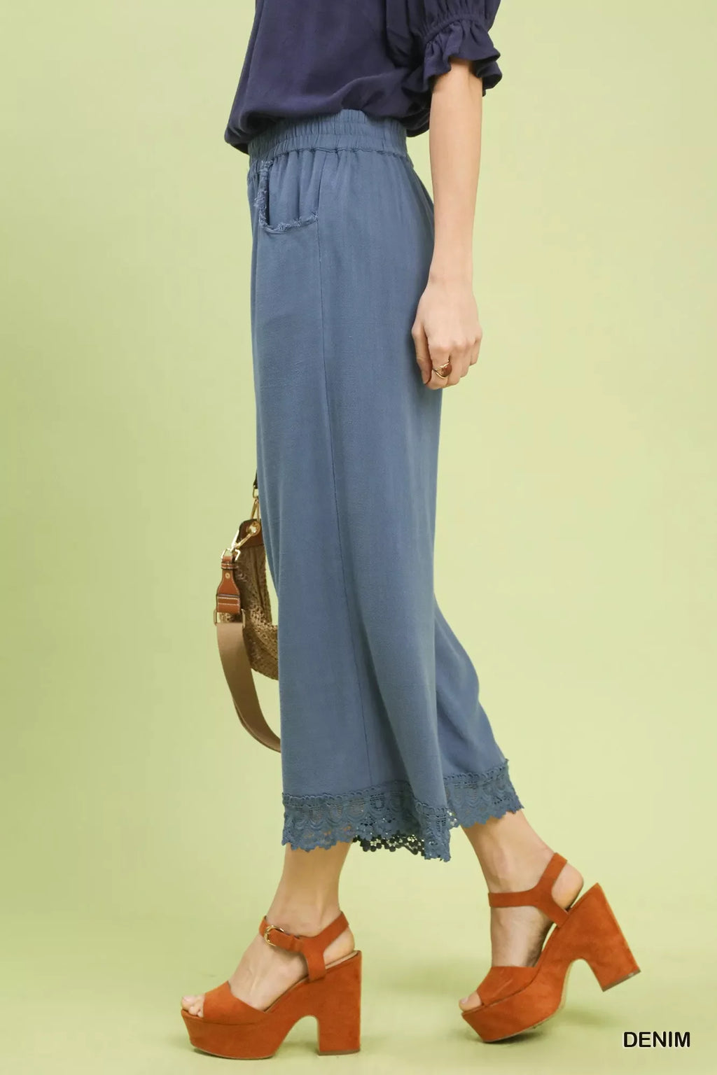 Umgee Linen Wide Leg Cropped Pants with Lace Trim