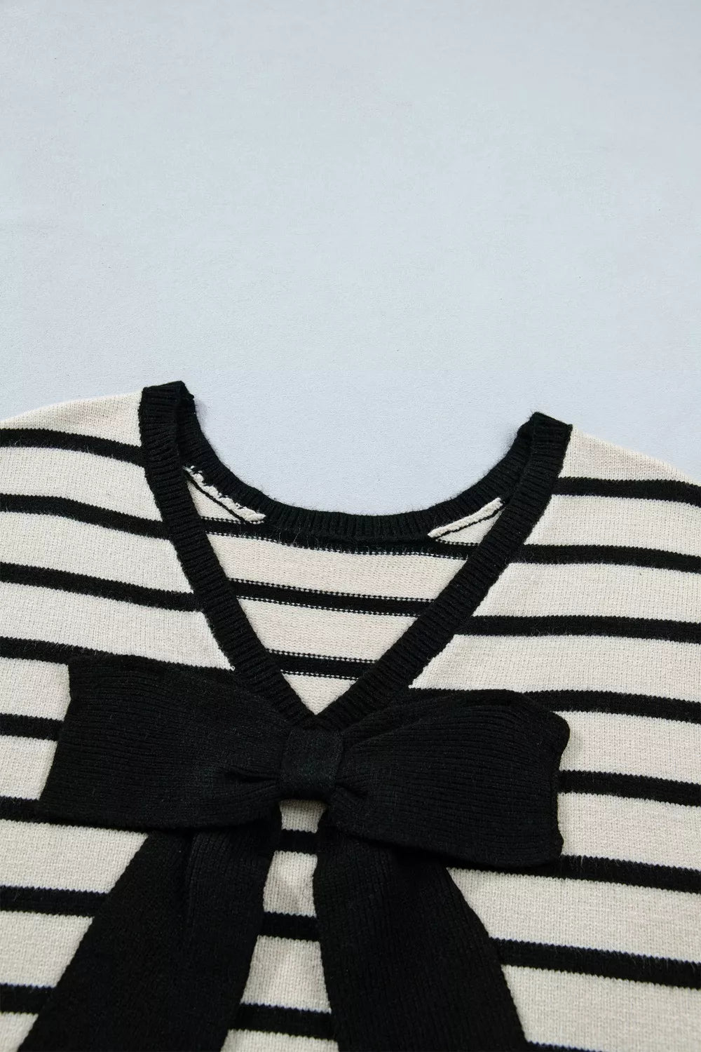 Stripe Bow Applique Short Sleeve Sweater