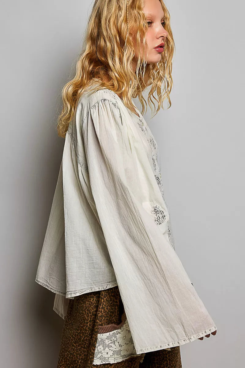 POL Embroidered Button Front Woven Shirt