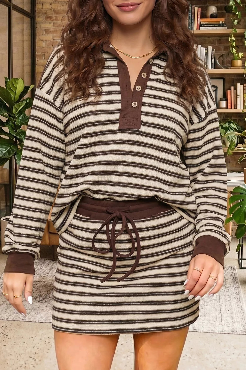 Stripe Contrast Trim Button Neck Long Sleeve Top Drawstring Mini Skirt Set