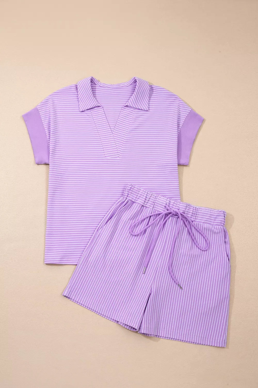 Stripe Dolman Sleeve Polo Shirt and Drawstring Shorts Set