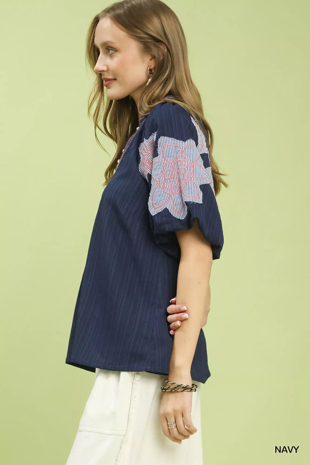 Umgee Embroidered Balloon Sleeve Notch Neck Blouse