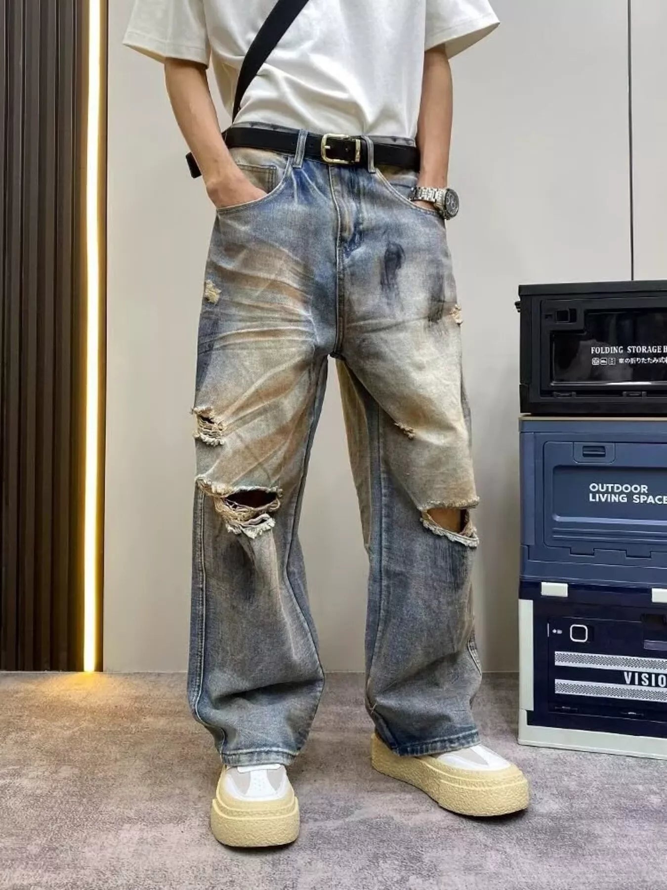 Men's Full Size Distressed Wide Leg Jeans Plus Size