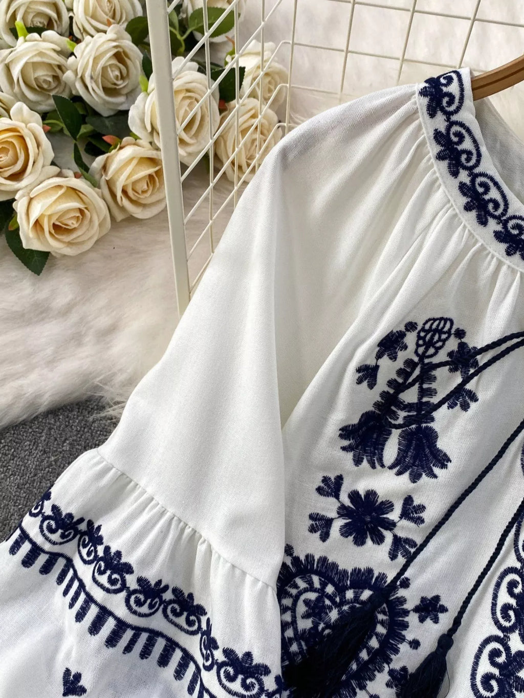 Embroidered Tie Neck Blouse
