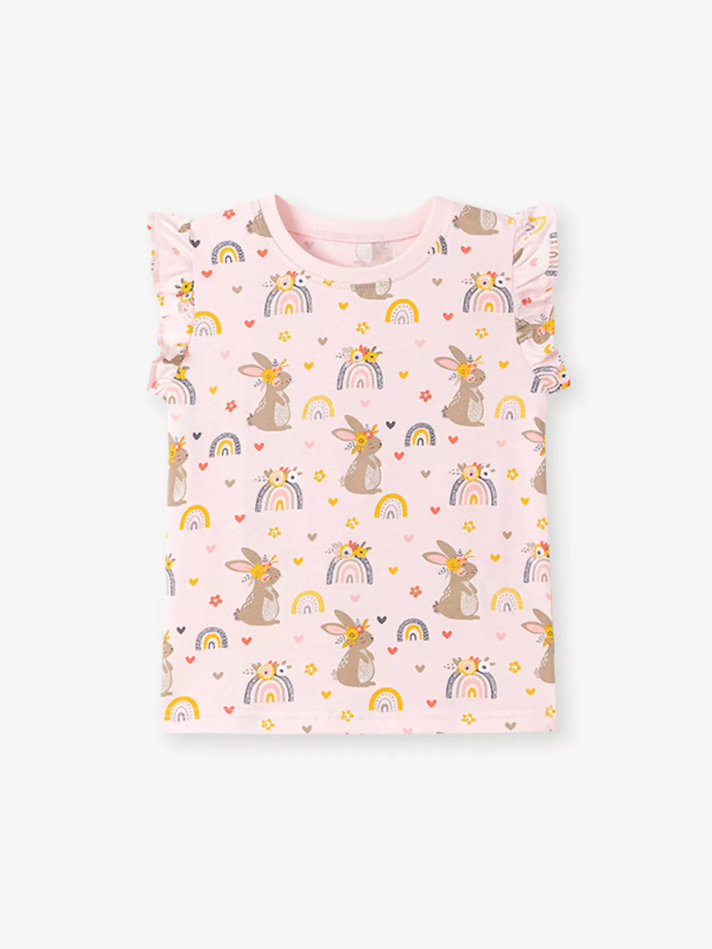Children's Bunny & Rainbow Print Ruffle Sleeve T-Shirt