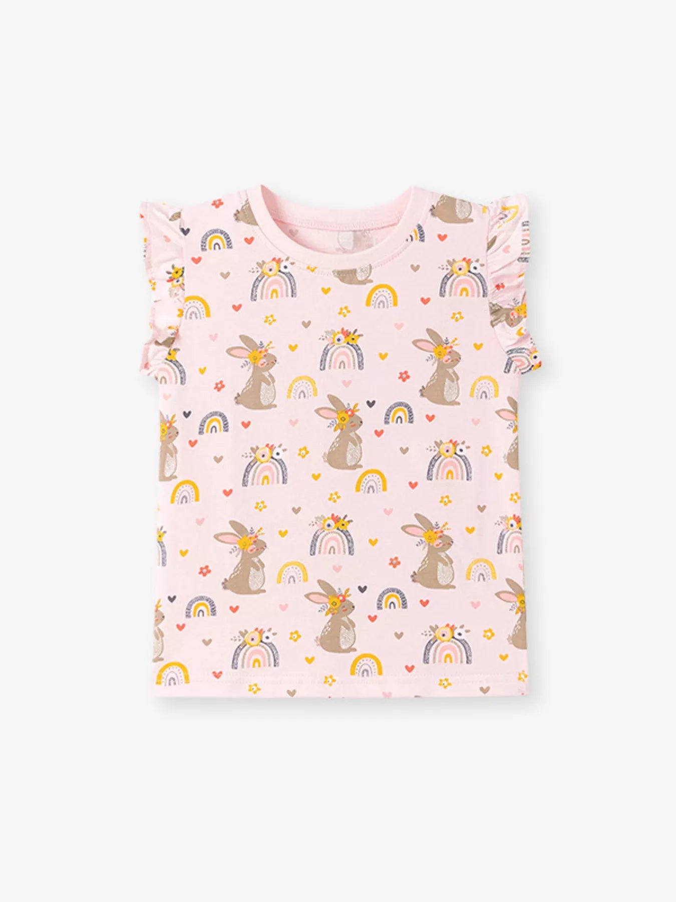 Children's Bunny & Rainbow Print Ruffle Sleeve T-Shirt