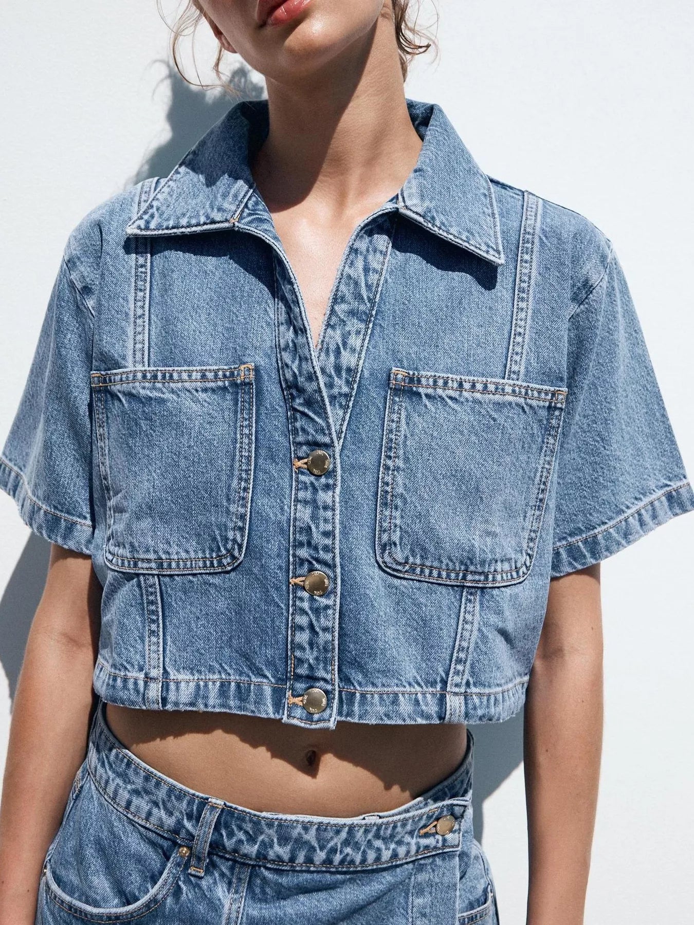 Button Up Short Sleeve Top and Skort Denim Set