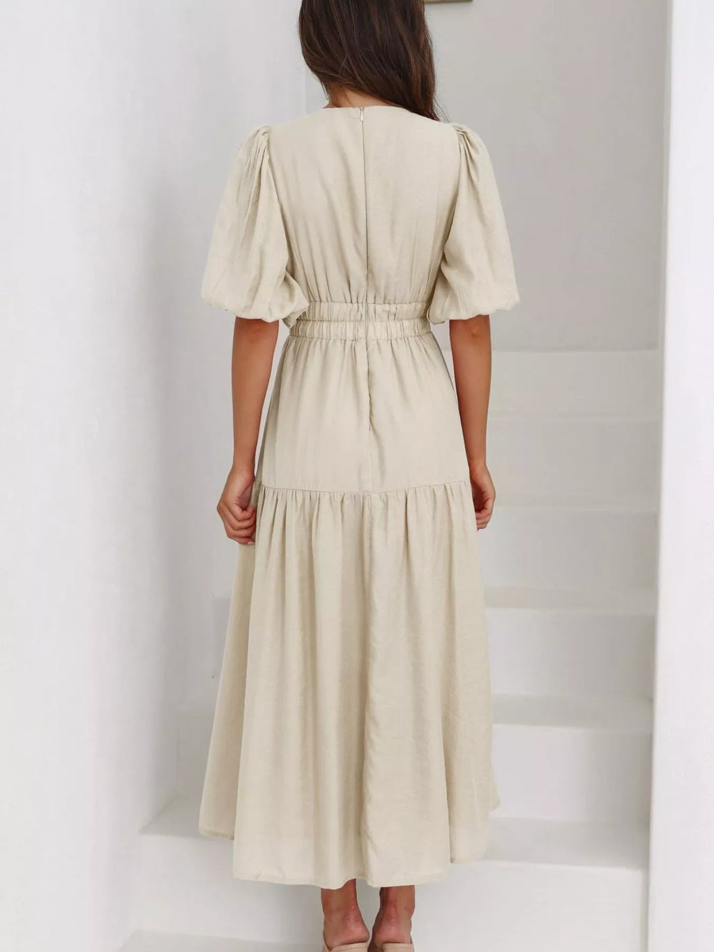 V-Neck Puff Sleeve Midi Dress