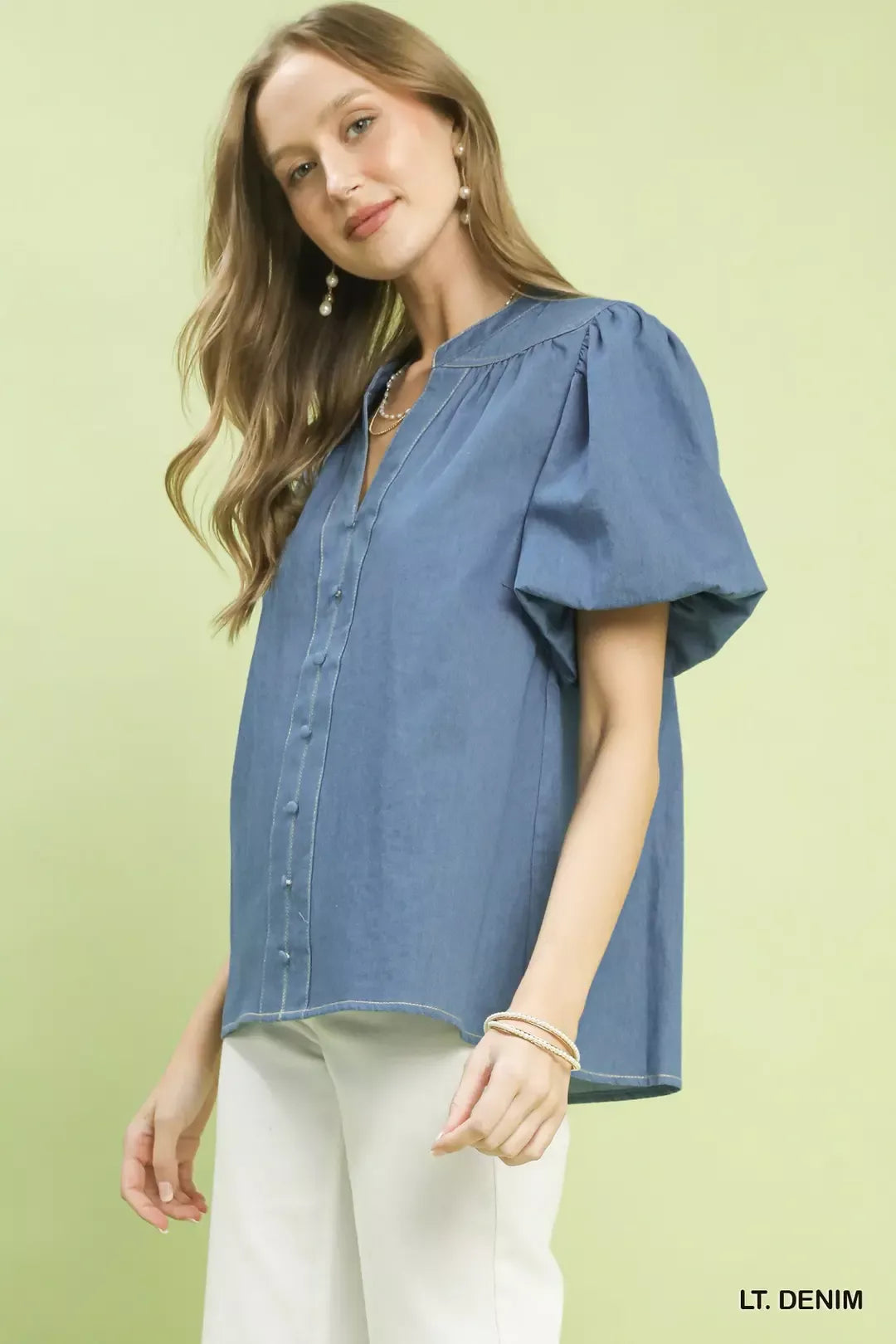 Umgee Denim Button Front Puff Sleeve Boho Blouse