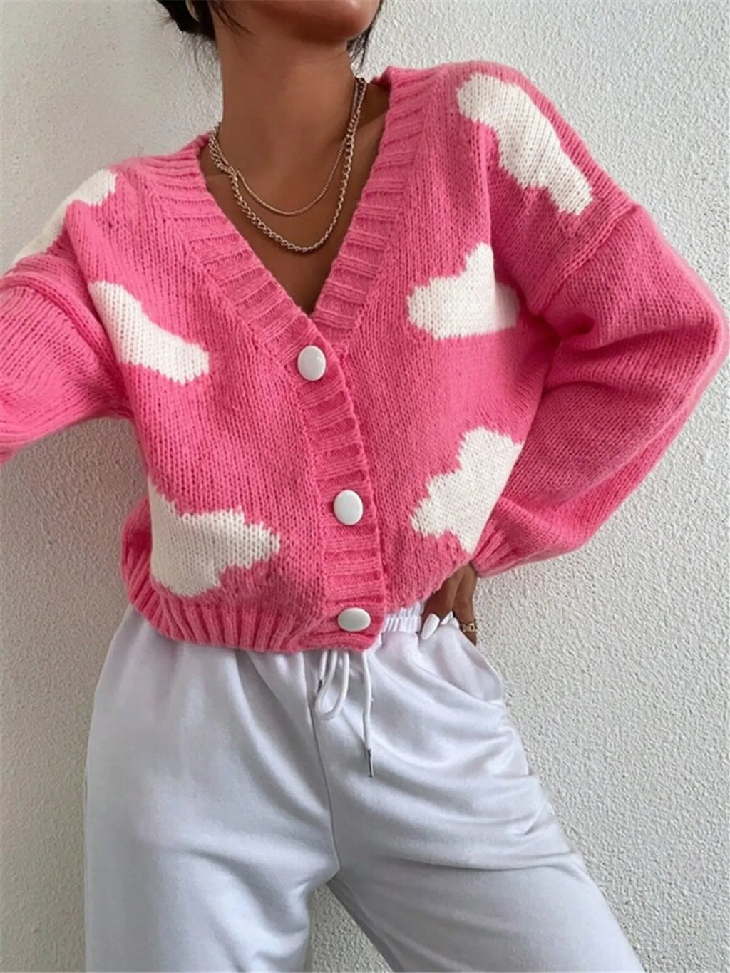 Contrast Cloud Pattern Cropped Button-Up Cardigan