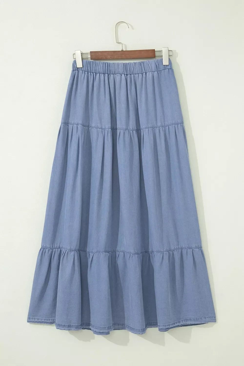 Elastic Waist Ruffled Tiered Flared Denim Maxi Skirt