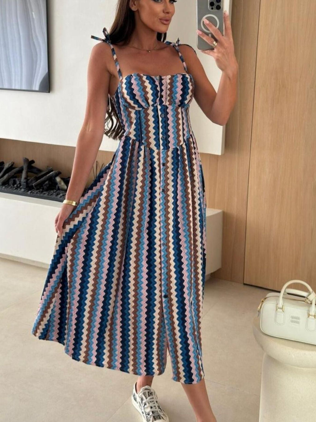 Striped Tie-Shoulder Midi Dress