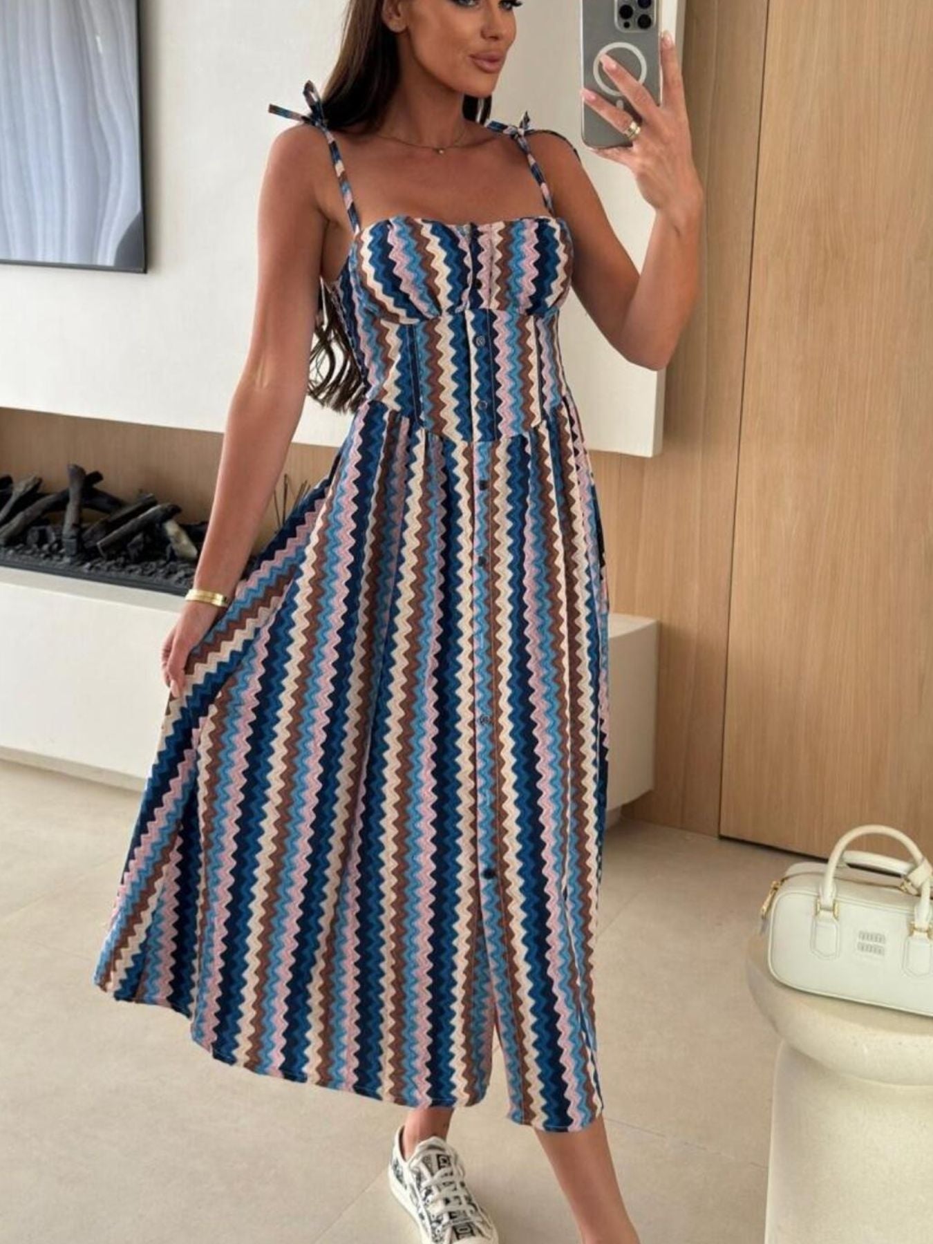 Striped Tie-Shoulder Midi Dress