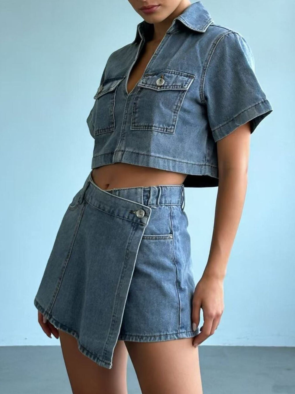 Short Sleeve Cropped Top and Skort Denim Set