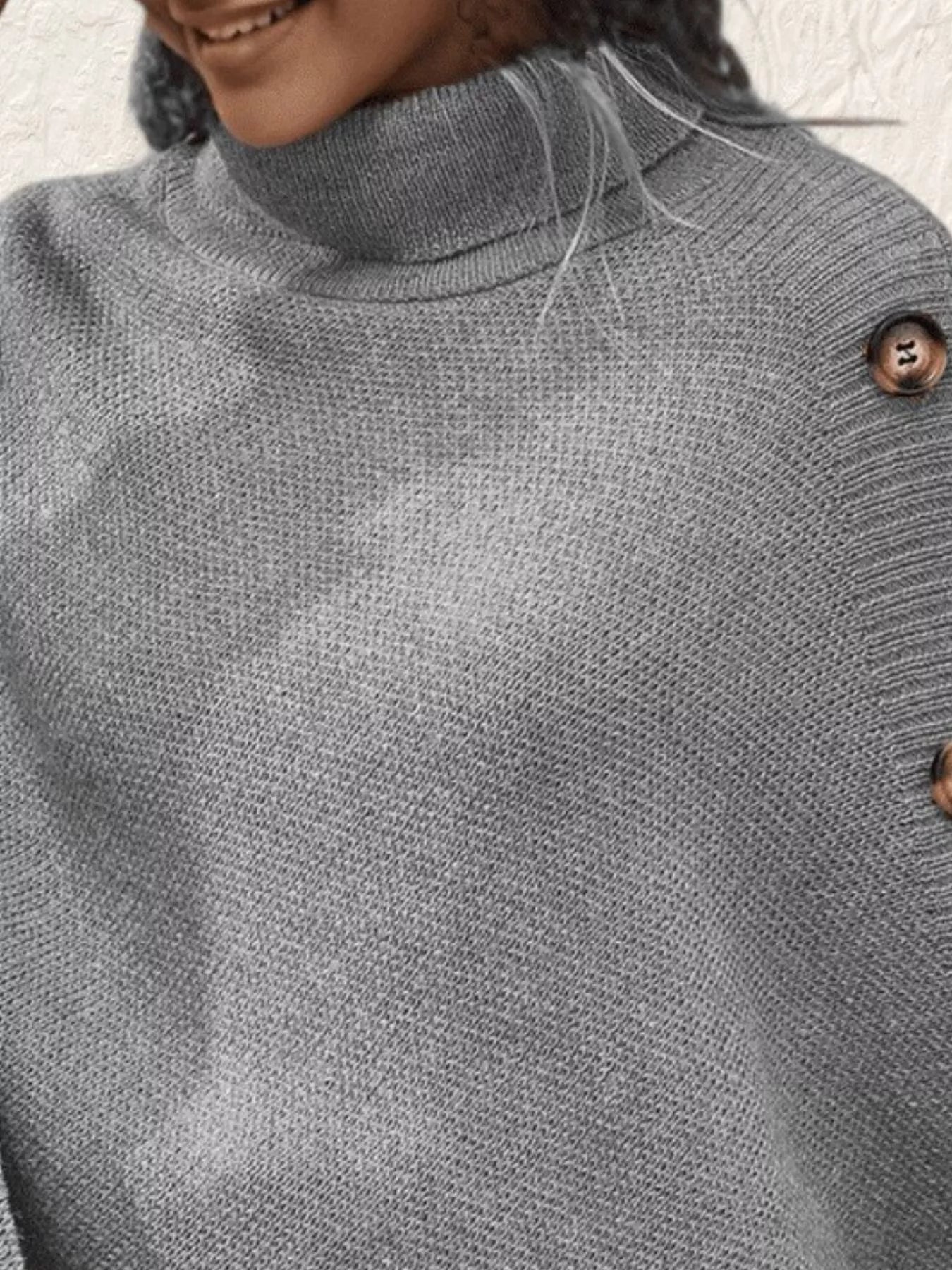 Button-Decor Turtleneck Poncho Pullover