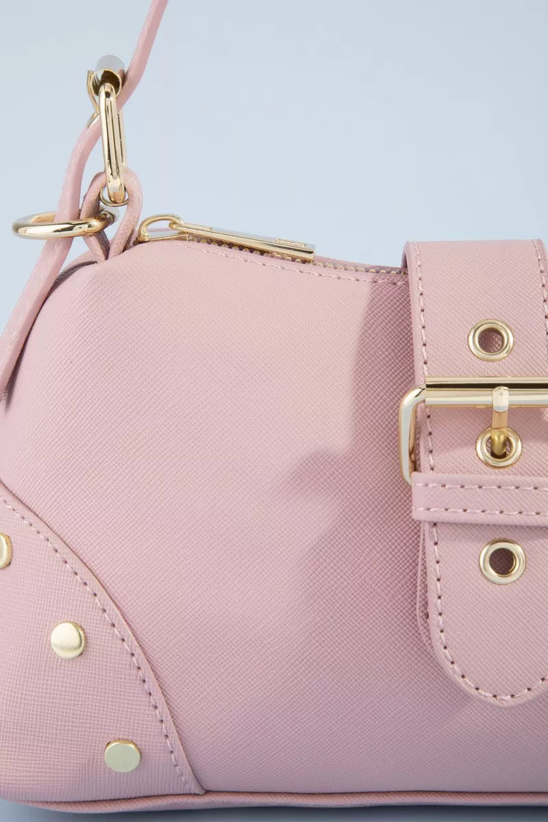 Fame Studded Saffiano Buckle Strap Shoulder Bag